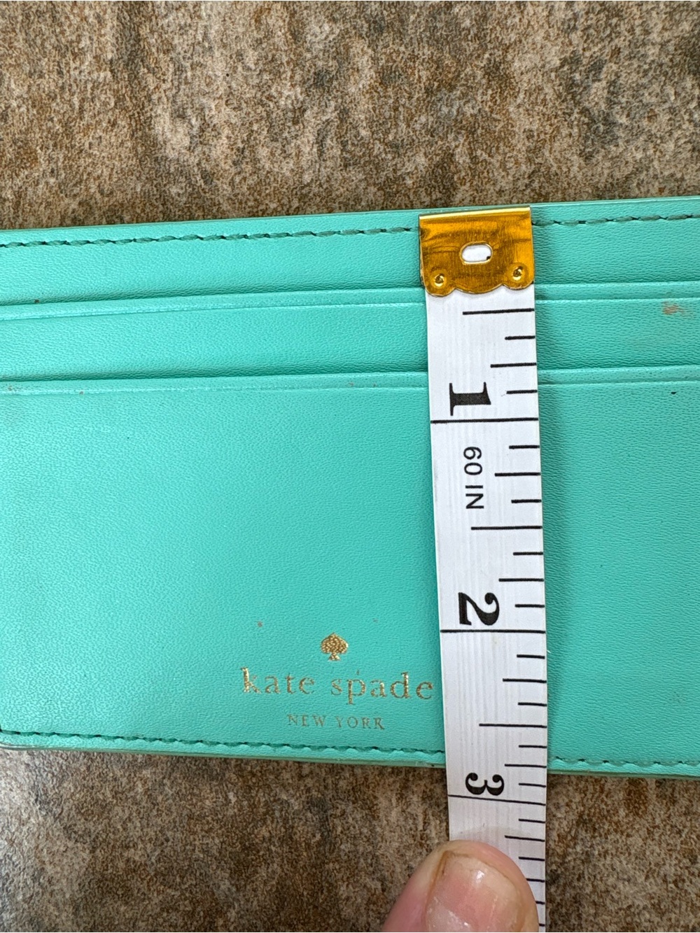 kate spade turquoise card holder w/ gold logo EUC - Picture 5 of 6